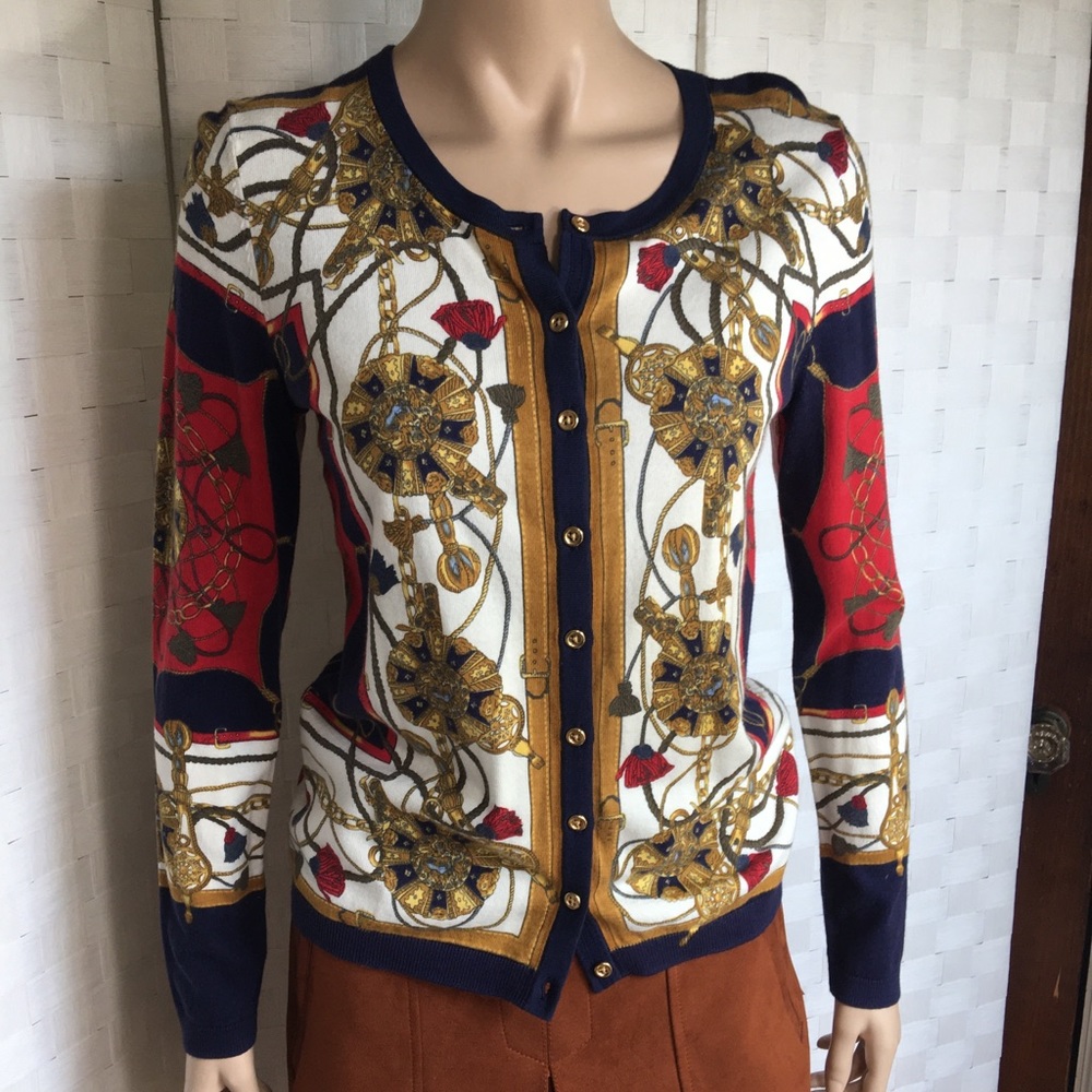 NWT Talbots Equestrian Cardigan, Small, navy red